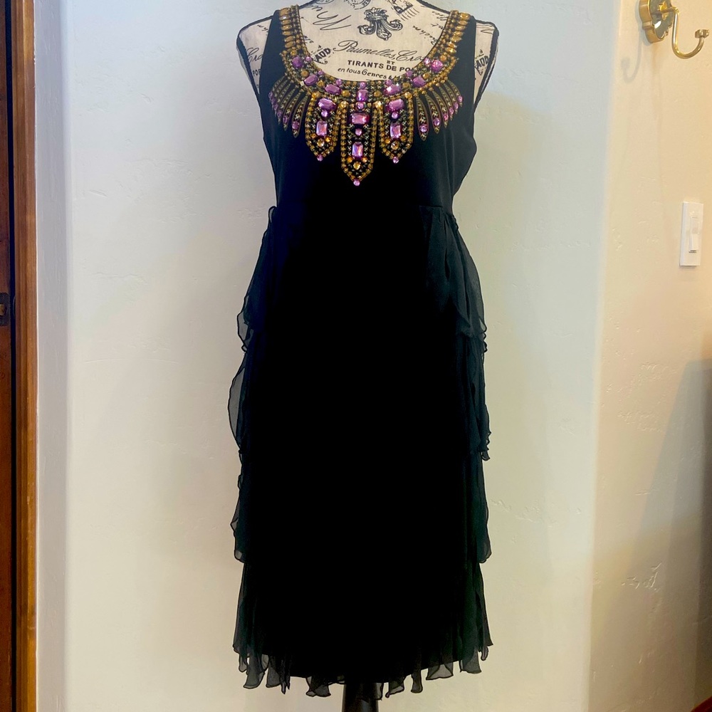 Black cocktail dress, size 8, fun, embellished, knee length